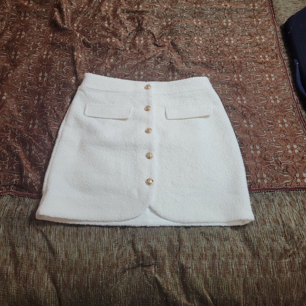 LOFT Cream Bouclé Button-Front Mini Skirt